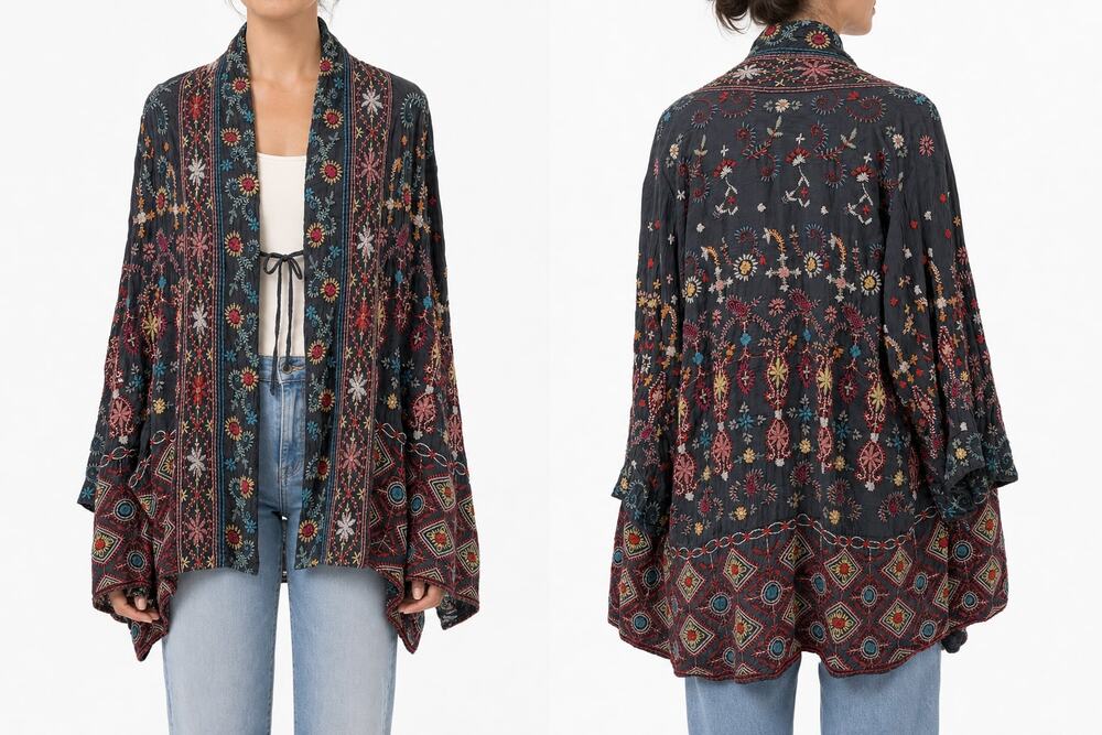 Johnny Was Embroidered Cupra Rayon Kimono Cardigan Jacket Gray L Boho Floral Art